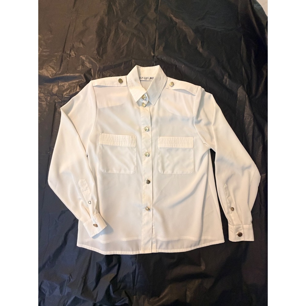 Chaus Petites Vintage White Military Blouse Epaulettes Pockets Size 8 P